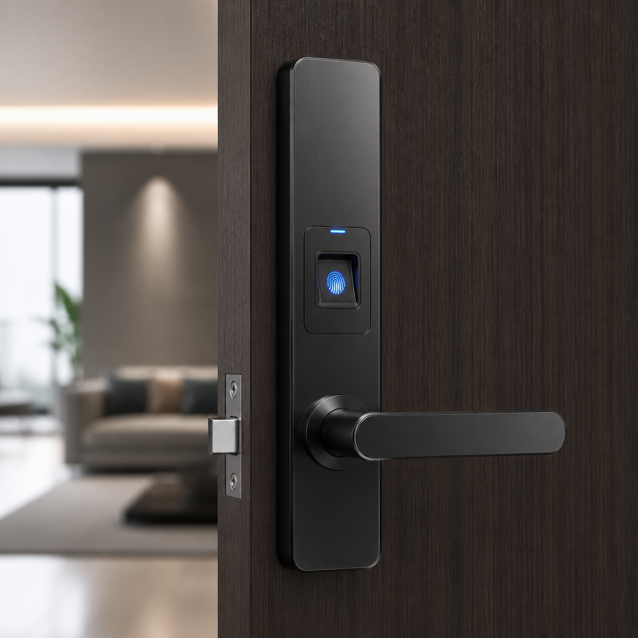 Printer Services Fingerprint smart door lock installed on a modern door